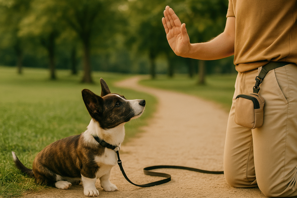 Corgi Nuggy practicing basic training cues in a sunny park, standing next to cones and props during a gentle dog-training session.