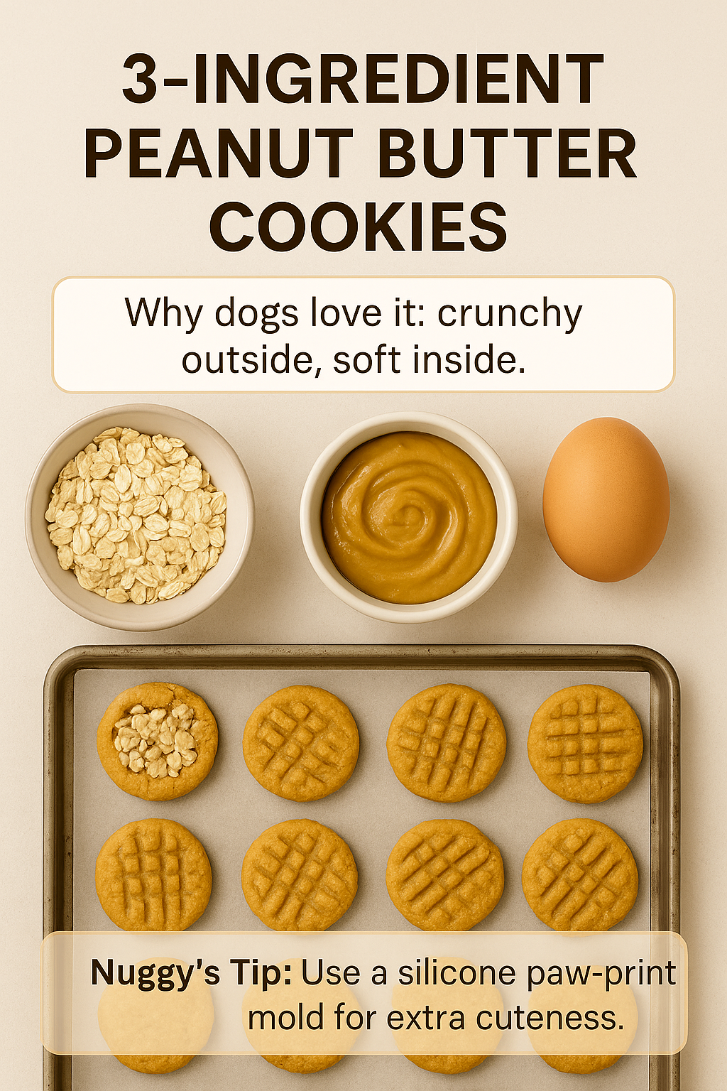 Homemade 3-ingredient peanut butter dog cookies with oats, peanut butter, and egg arranged in a Pinterest-style flat-lay.