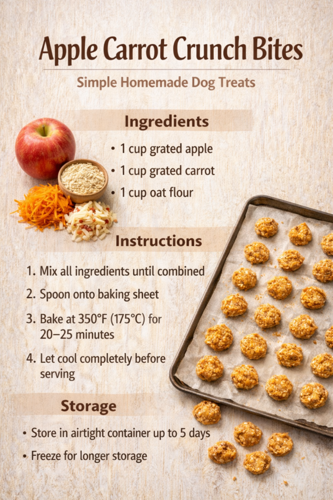 Homemade apple carrot dog treats shown as a simple visual recipe with fresh apples, carrots, and baked crunchy bites