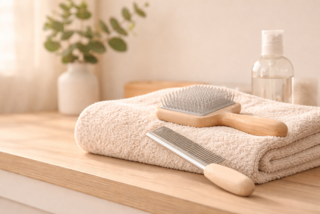 Calm at-home dog grooming setup with towel and brush in a quiet, neutral space