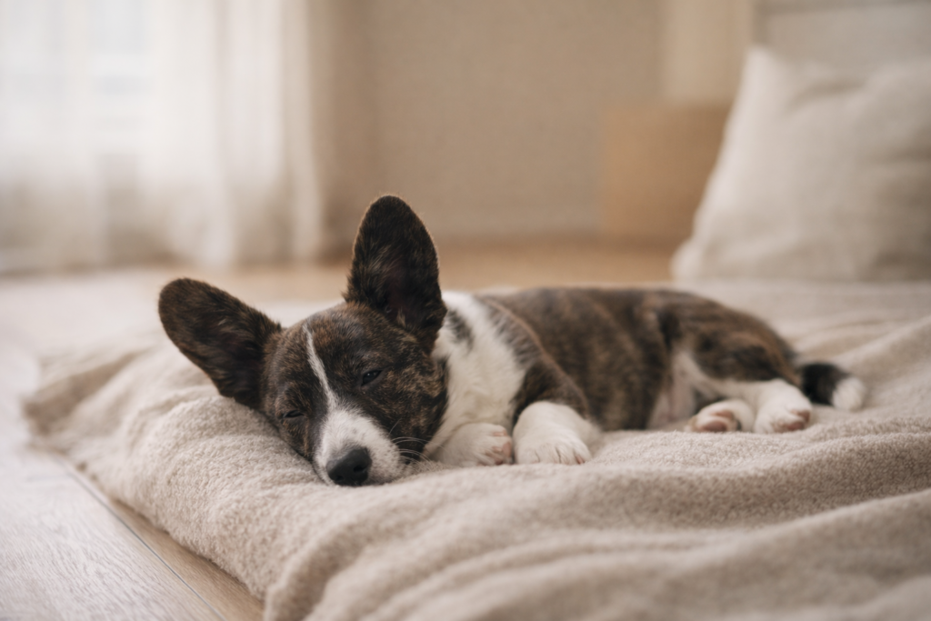 Calm young corgi resting indoors in a peaceful home environment, representing a balanced daily routine for dogs