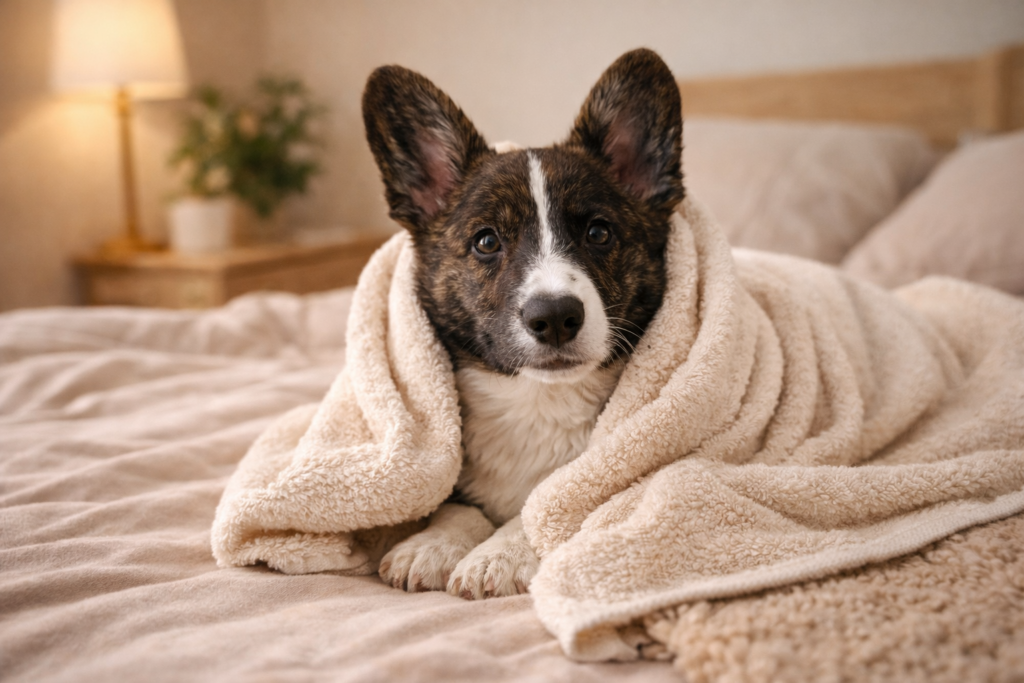 Corgi puppy wrapped in a towel resting calmly after bath time