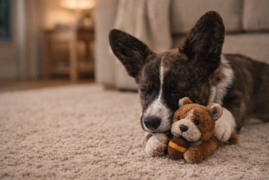 Calm brindle and white corgi puppy resting indoors with a plush toy, showing relaxed and focused play behavior.