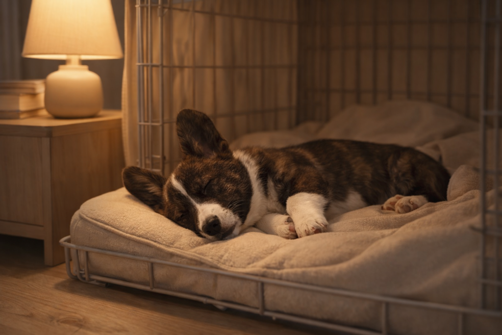 Puppy sleeping calmly in a crate as part of an evening routine