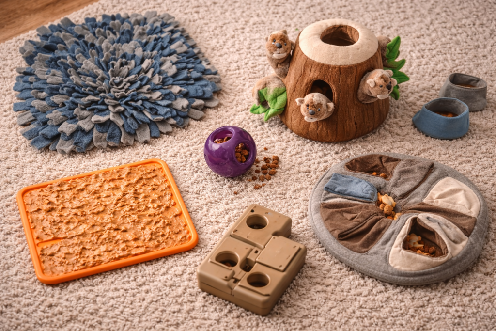 Flat lay of calm indoor dog enrichment toys including a snuffle mat, lick mat, plush puzzle toy, and treat-dispensing puzzle on a soft rug.