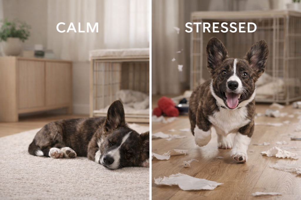 Comparison of a calm puppy and an overtired puppy in a home environment