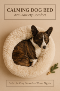 Nuggy the corgi curled up in a cozy calming dog bed in a warm Christmas-themed setting with soft lighting and subtle festive accents.