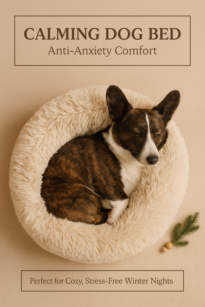 Nuggy the corgi curled up in a cozy calming dog bed in a warm Christmas-themed setting with soft lighting and subtle festive accents.