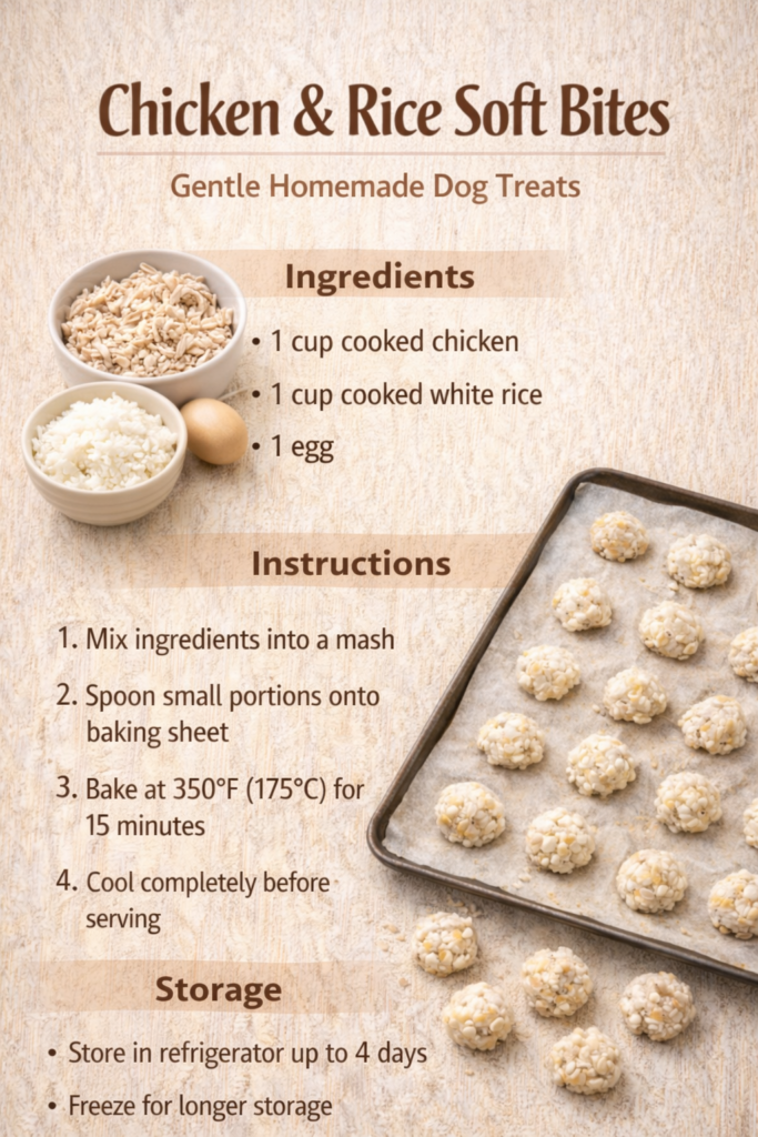 Homemade chicken and rice soft dog treats shown as a simple visual recipe with cooked chicken, rice, and soft bite-sized treats