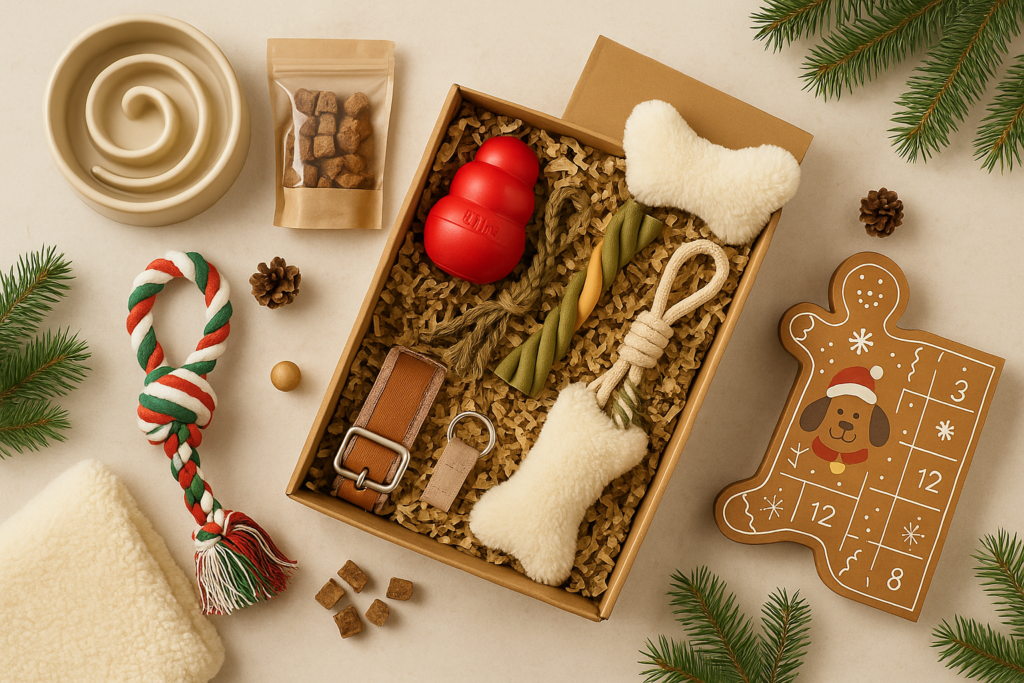 Editorial flatlay of Christmas dog gifts including toys, treats, a subscription box, slow feeder, rope toy, cozy blanket, and advent calendar arranged on a warm beige background with festive evergreen accents.