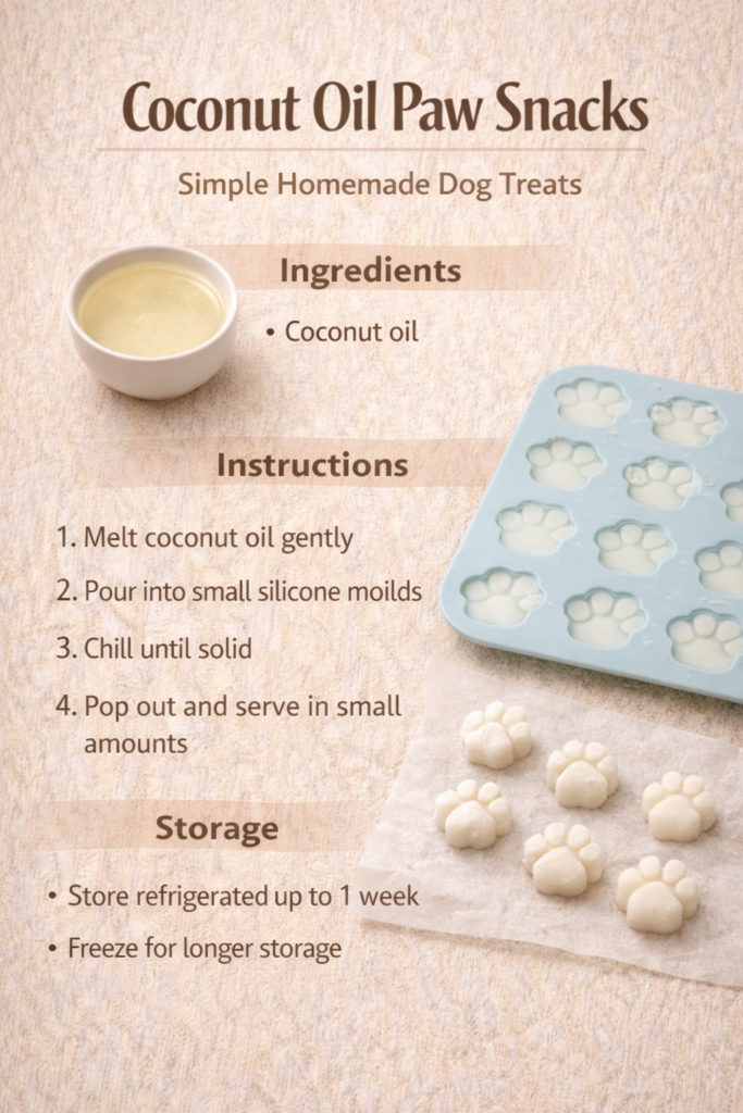 Homemade coconut oil dog treats shown as a simple visual recipe with melted coconut oil poured into small molds and set into bite-sized snacks