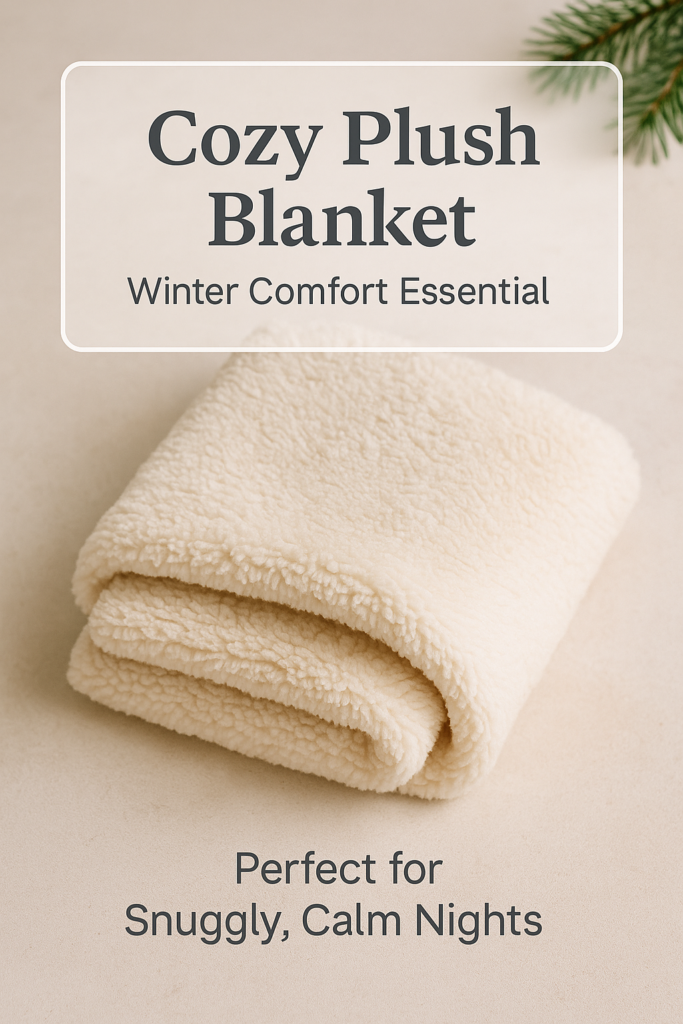 Christmas flatlay of a soft plush dog blanket folded on a neutral beige background with subtle evergreen decoration.