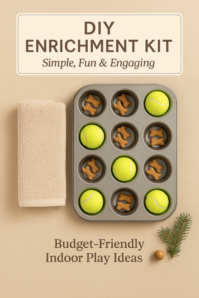 Christmas flatlay of a DIY dog enrichment kit with a muffin tray, tennis balls, dog treats, and a folded towel on a warm beige background with subtle evergreen decoration.