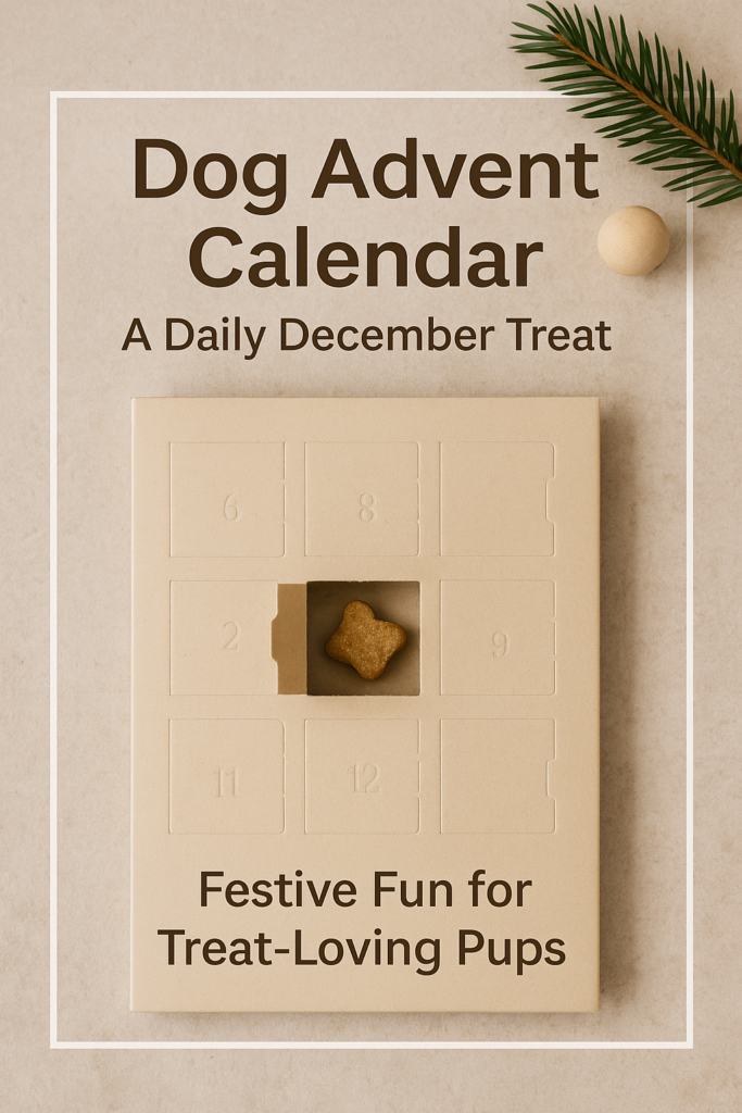 Christmas flatlay of a dog advent calendar with one treat window open on a neutral beige background and subtle evergreen decoration.
