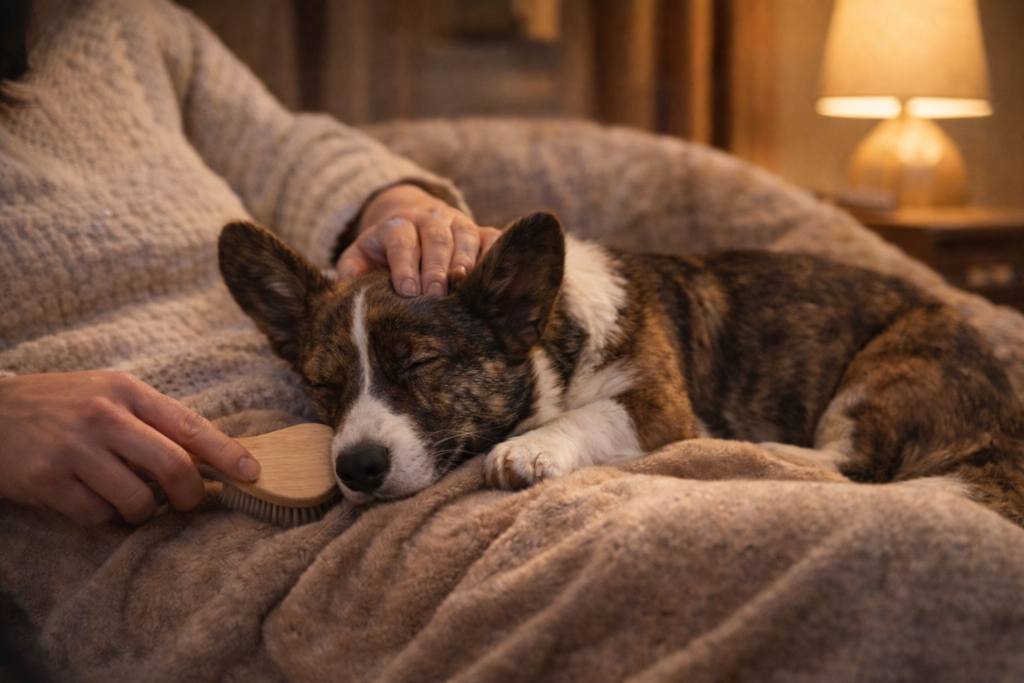 Owner gently bonding with dog during a calm winter evening at home