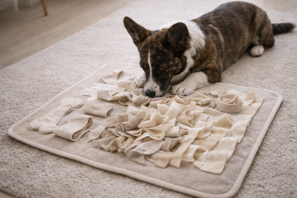 Dog using an enrichment toy indoors during winter for mental stimulation