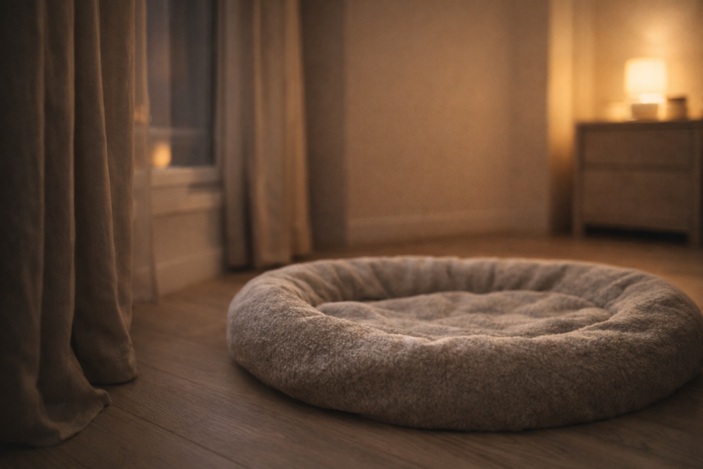 Quiet dog sleep area in the evening, designed for calm rest and emotional recovery