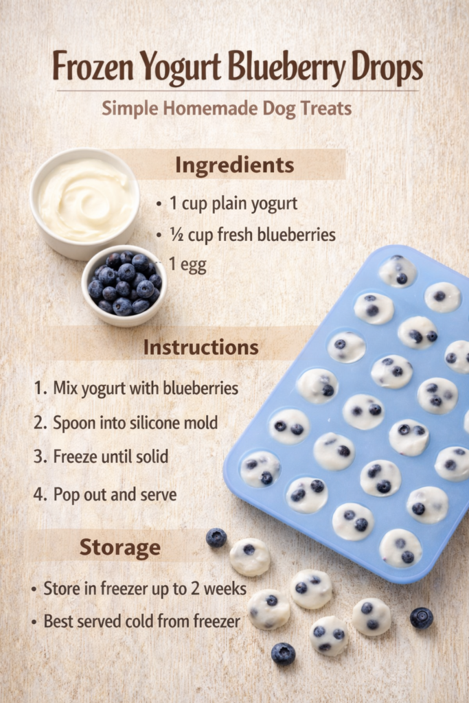 Frozen yogurt blueberry dog treats shown as a simple visual recipe with fresh ingredients and freezing instructions