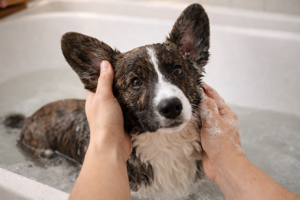Corgi puppy being gently washed during bath time with calm handling