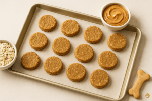Round homemade peanut butter dog treats on a parchment-lined baking tray with oats and peanut butter.