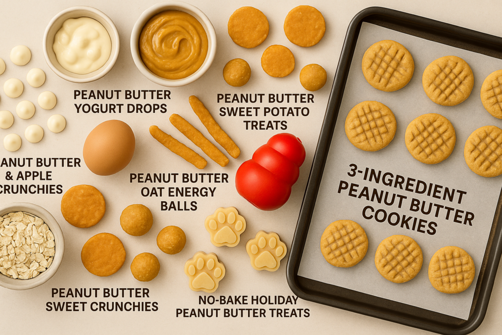 Flat-lay of nine types of homemade peanut butter dog treats, including cookies, freezer bites, energy balls, sweet potato treats, yogurt drops, chew sticks, and holiday treats.