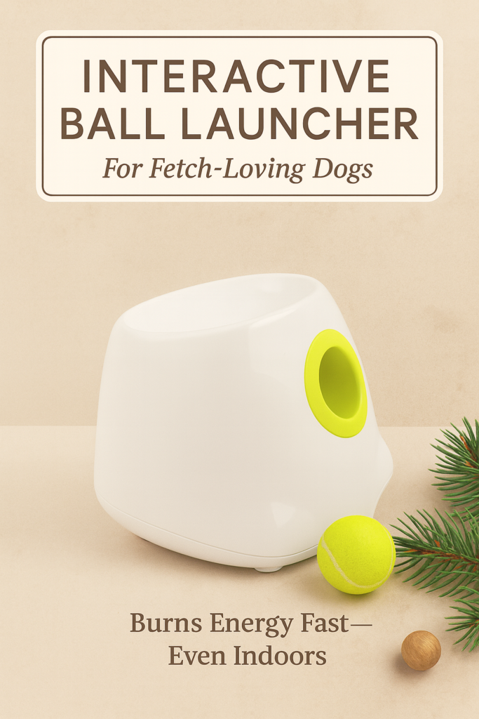 Christmas flatlay of a white interactive dog ball launcher with a lime green opening and tennis ball on a warm beige background with subtle evergreen decoration.