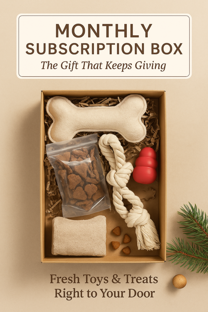 Christmas flatlay of an open dog subscription box filled with toys and treats on a warm beige background with subtle evergreen accents.