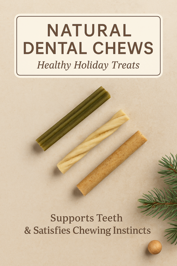 Christmas flatlay of natural dog dental chews on a warm beige background with subtle evergreen decoration.