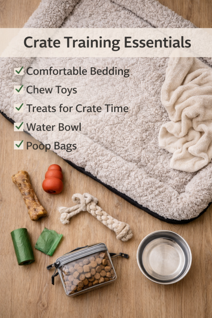 Flat lay of crate training essentials for puppies including bed, chew toys, treats, water bowl, and poop bags
