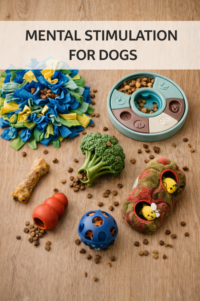 Flat lay of puppy enrichment toys including snuffle mat, puzzle feeder, Kong, and interactive toys