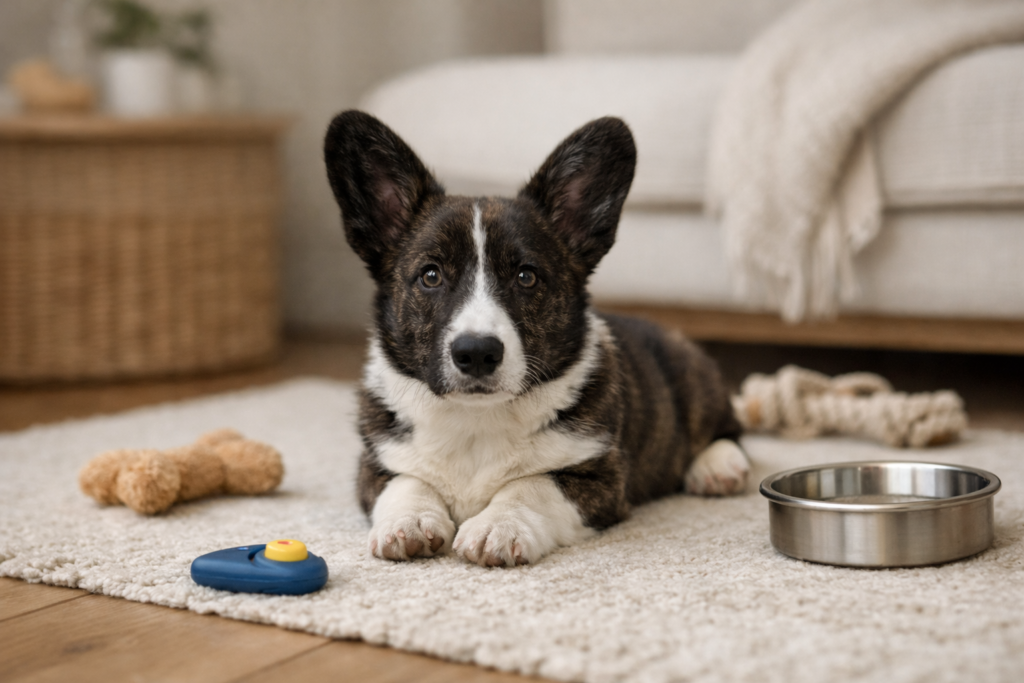 Cardigan Welsh Corgi puppy Nuggy resting calmly indoors with toys and training essentials