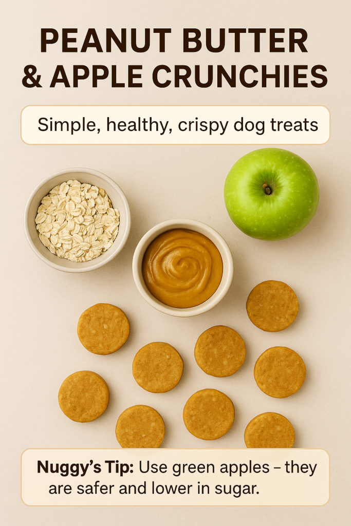 Peanut butter and apple dog crunchies shown with oats, green apple, and peanut butter in a Pinterest-style layout.