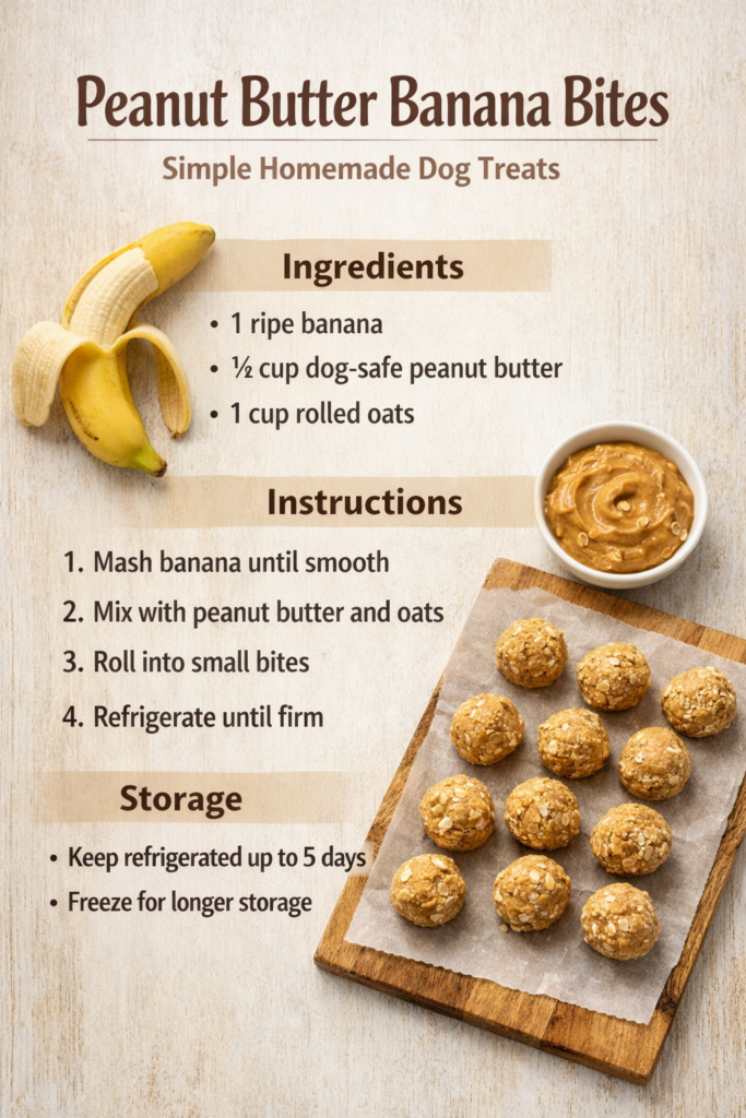 Homemade peanut butter banana dog treats arranged on a neutral background with simple ingredients