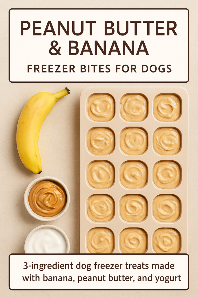 Pinterest image showing banana, peanut butter, yogurt, and silicone molds filled with freezer bite mixture, with clean text overlay.