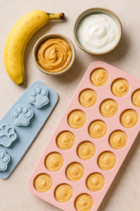 Silicone molds filled with peanut butter, banana, and yogurt mixture for homemade dog freezer bites.