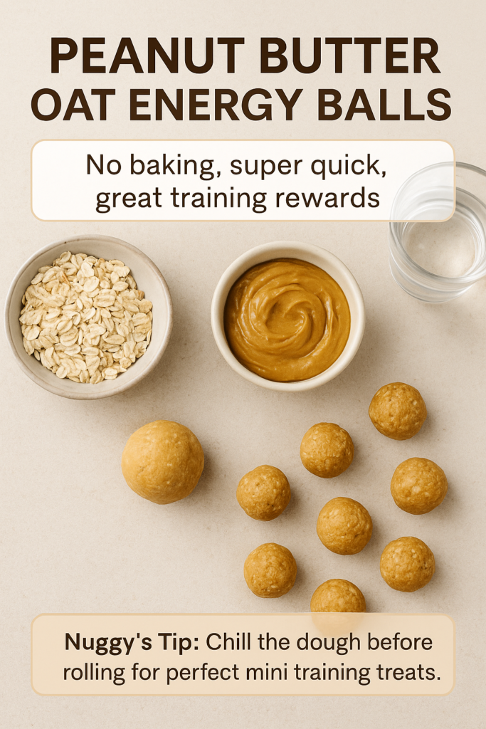 Pinterest image showing oats, peanut butter, water, and rolled oat energy balls for dogs, with clean text overlays.