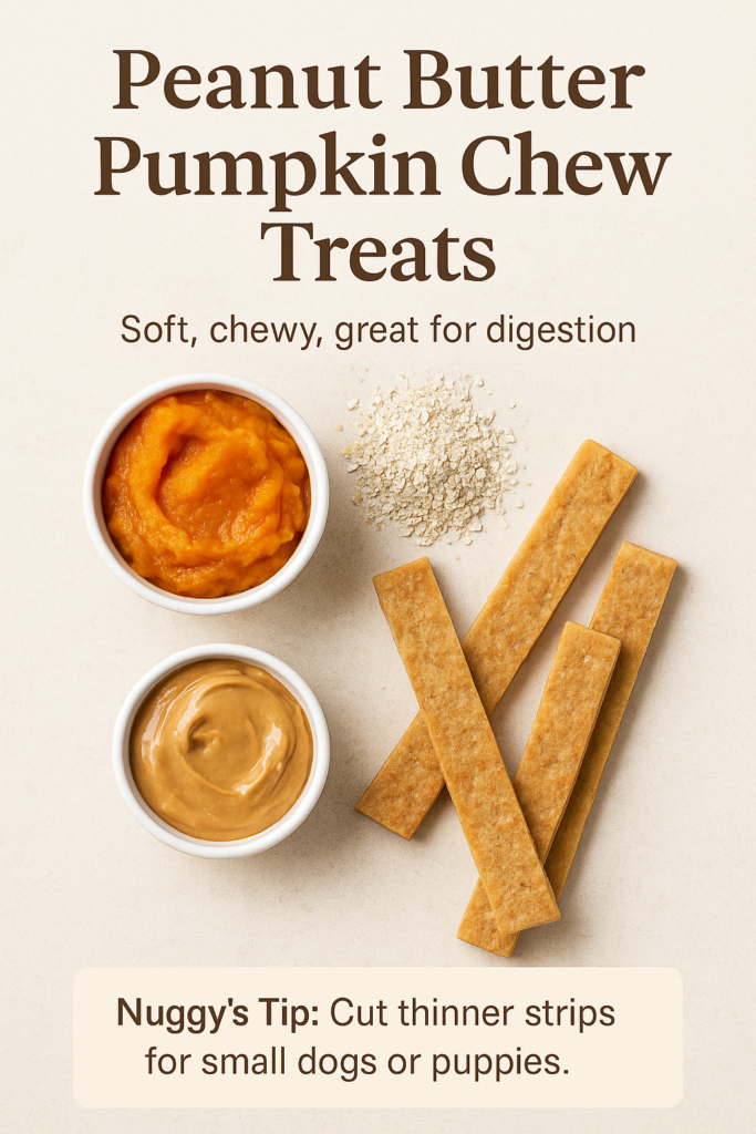 Pinterest image showing pumpkin purée, oat flour, peanut butter, and chewy baked dog treat strips with text overlay.