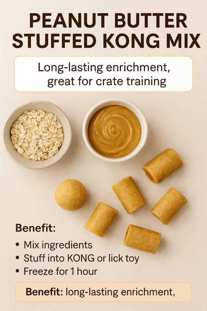 Ingredients and finished peanut butter stuffed KONG mix treats shown with oats, peanut butter, banana/pumpkin, and rolled stuffing pieces.