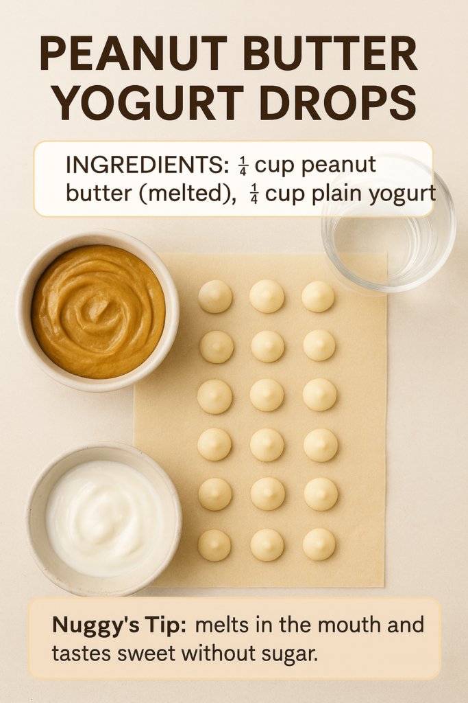 Pinterest image showing parchment-lined peanut butter yogurt drops with bowls of peanut butter and yogurt in a clean editorial layout.