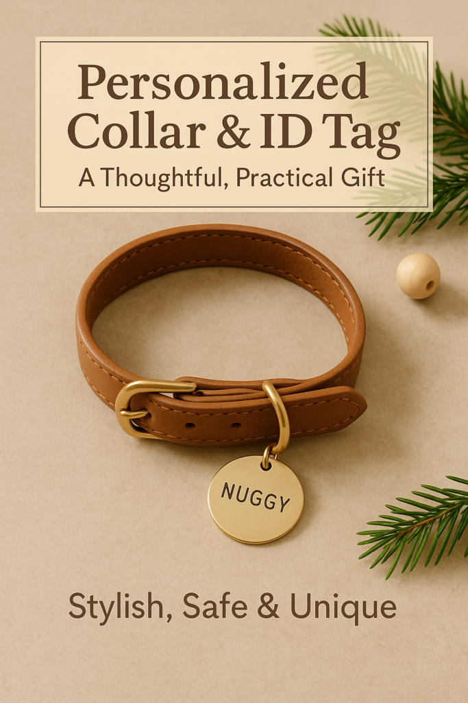 Christmas flatlay of a personalized dog collar with engraved ID tag on a warm neutral background with subtle festive decoration.