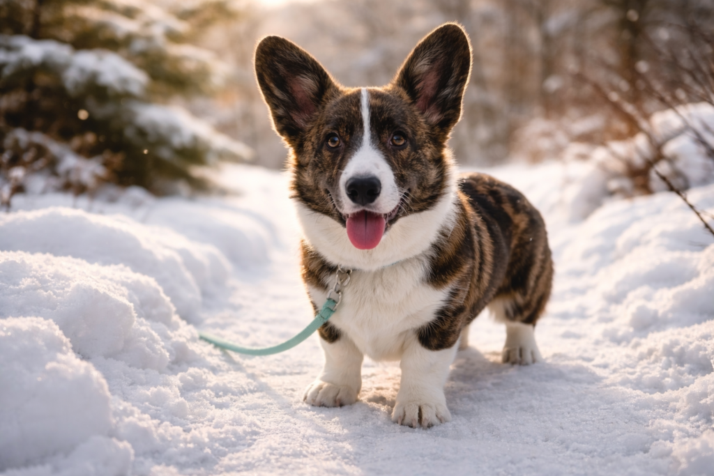 Cardigan Welsh Corgi walking on a snowy winter path with healthy paws