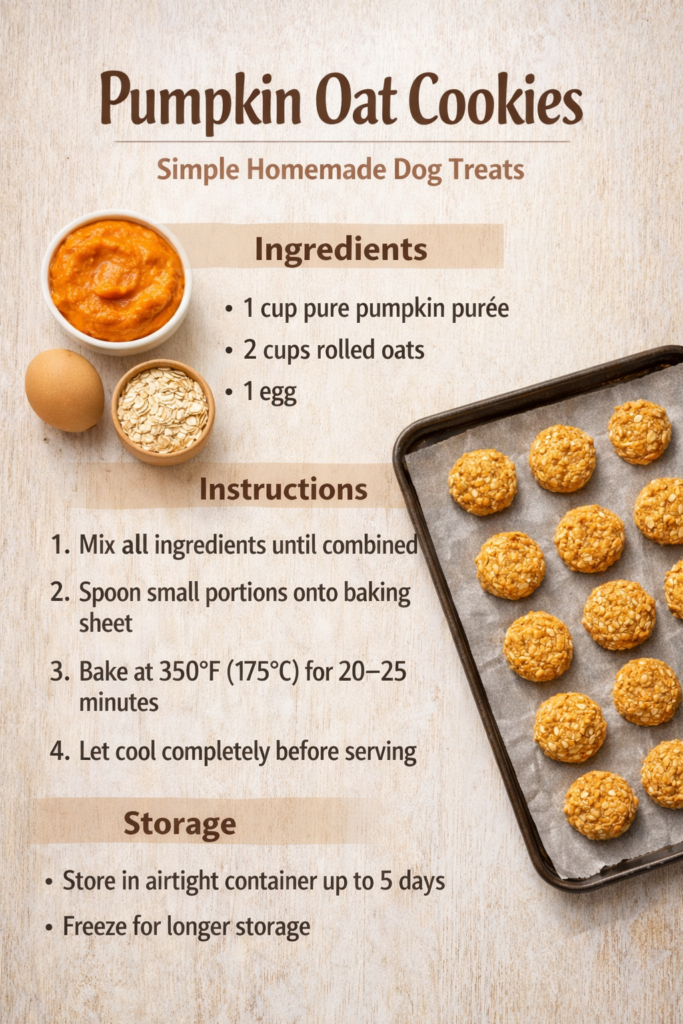 Homemade pumpkin oat dog cookies shown as a simple visual recipe with ingredients and baking instructions