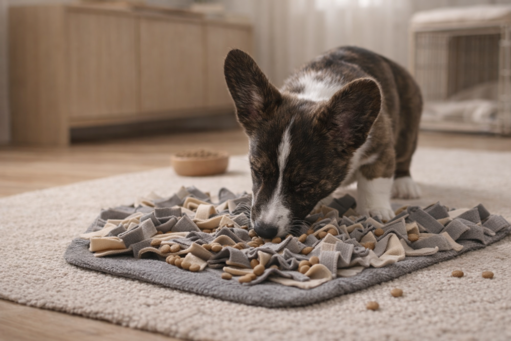 Puppy using a snuffle mat during a calm daily feeding routine
