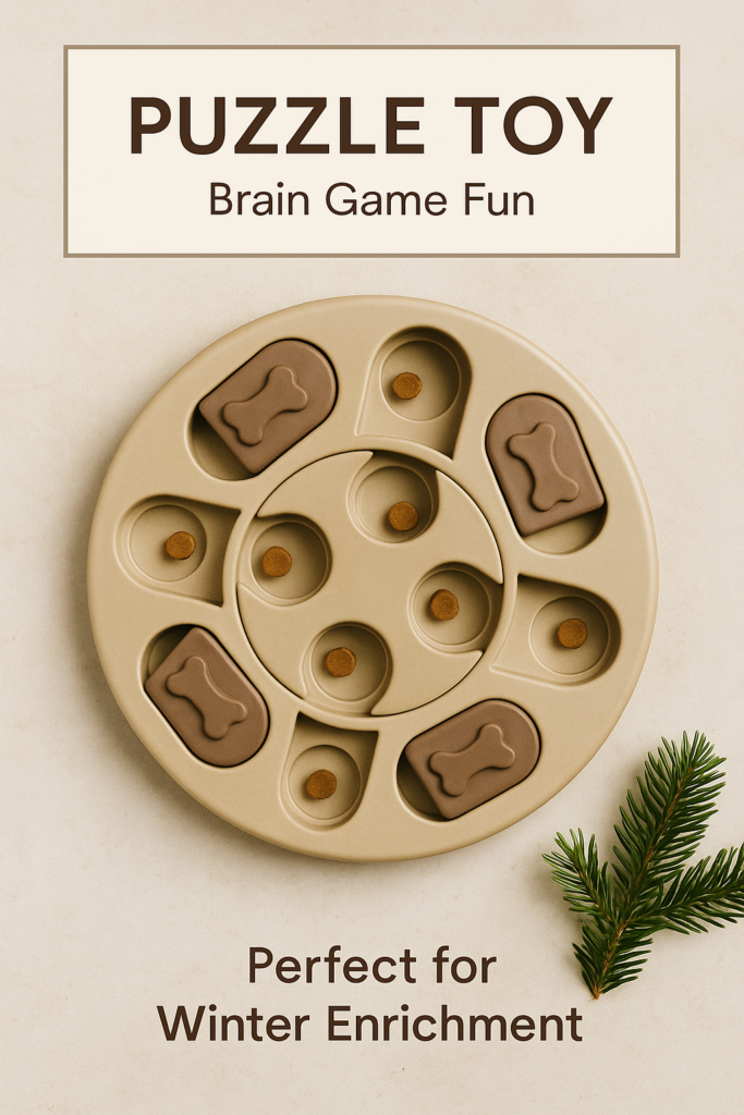 Christmas-themed flatlay of a dog puzzle toy with treats on a neutral beige background and subtle evergreen decoration.