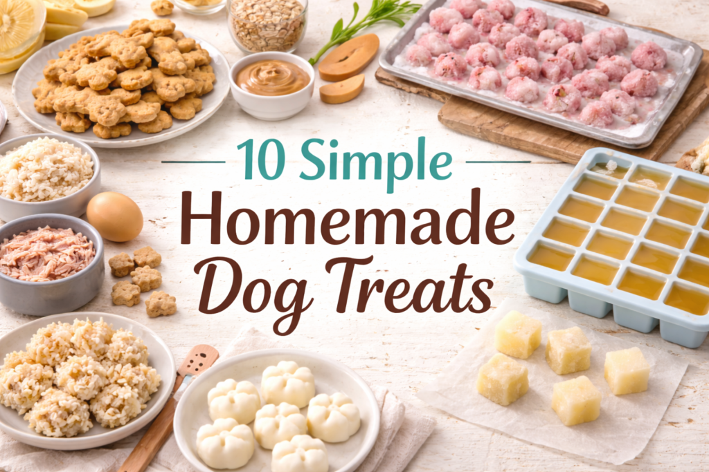 A collection of simple homemade dog treats made with everyday ingredients, arranged on a neutral kitchen surface