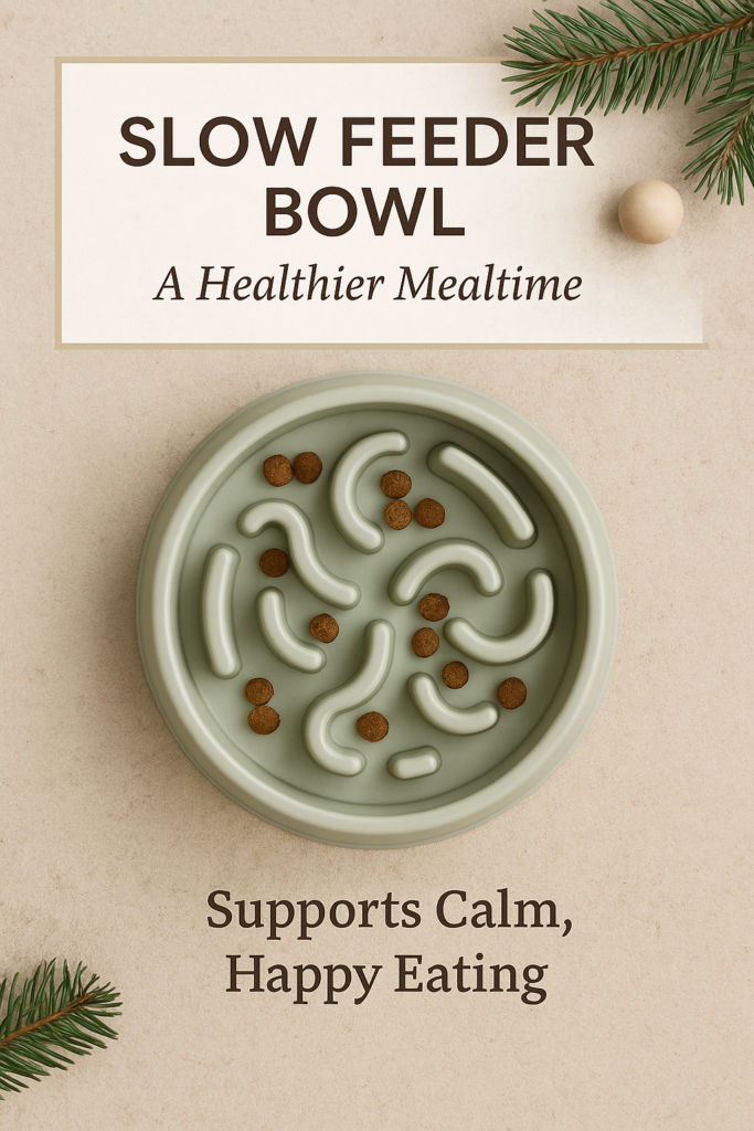 Christmas flatlay of a slow feeder dog bowl with kibble on a neutral beige background and subtle evergreen decoration.