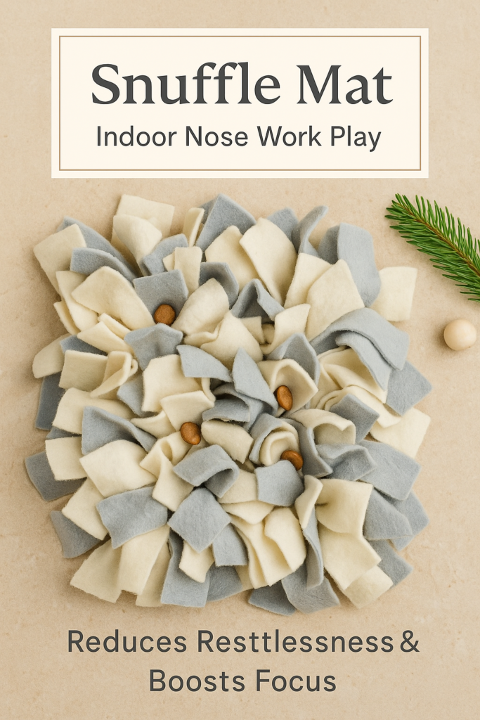 Christmas flatlay of a snuffle mat with a few hidden treats on a neutral beige background and subtle evergreen decoration.