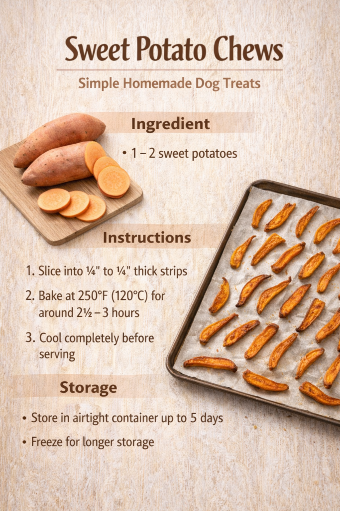 Homemade sweet potato dog chews shown as a simple visual recipe with sliced sweet potatoes and baked chewy treats