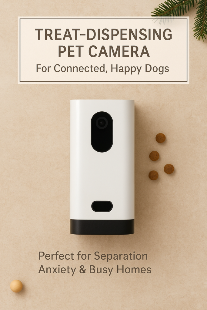 Christmas flatlay of a treat-dispensing pet camera with dog treats on a warm beige background and subtle festive evergreen decoration.