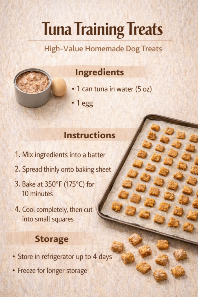 Homemade tuna training dog treats shown as a simple visual recipe with canned tuna, egg, and small bite-sized baked treats